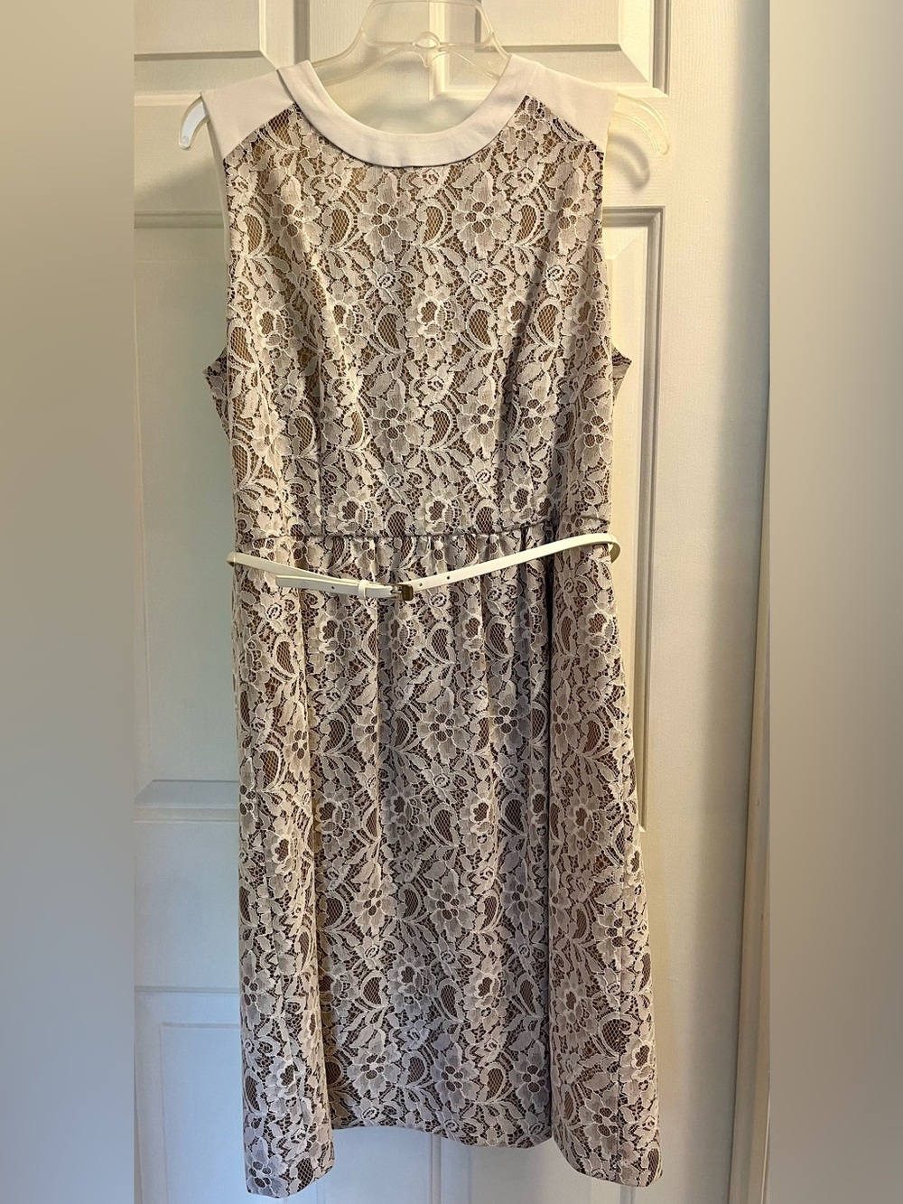 Calvin Klein Cream and Beige Lace Midi Dress with Slim Belt